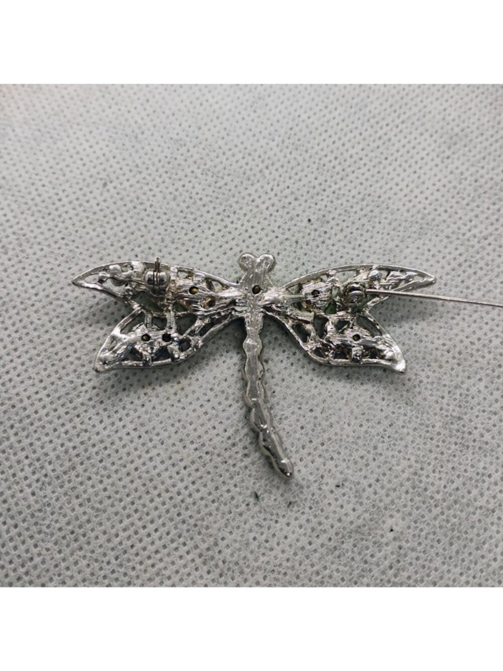 Green Yellow Crystal Rhinestone Dragonfly Brooch Pin 2 1/2" Wingspan - Picture 5 of 5